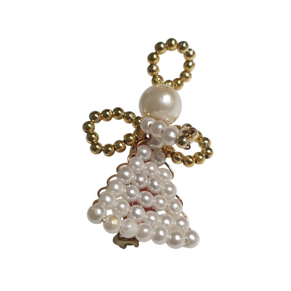Angel Shape Bead Brooch Faux Pearl Gold Tone Pin Holiday Christmas Gift Vintage - Picture 1 of 3